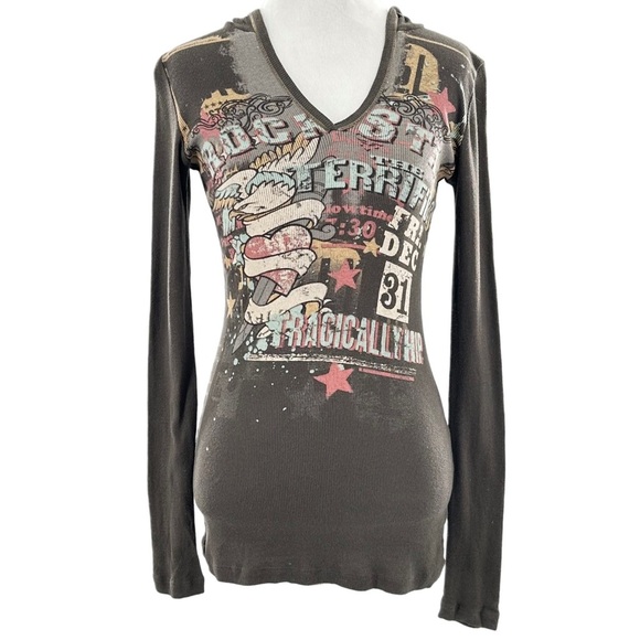 Skinny Mini womens top size S gray brown graffiti hooded vintage y2k emo